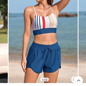 Striped Multicolor Bikini Top with Blue Swim Shorts